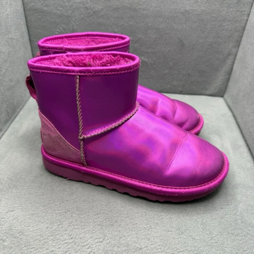 UGG Classic Mini Iridescent Pink Metallic Leather Boots Women's Size 5
